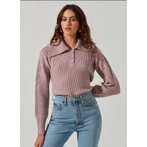 Womens Astr The Label Wool Blend Button Polo Collared Sweater Lilac Lavender S